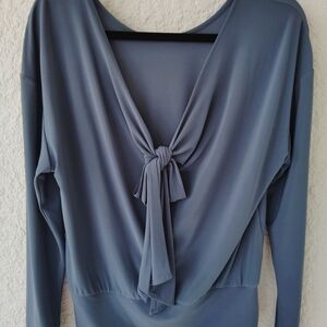 White House Black Market Slate Blue Long Sleeve Bow Blouse